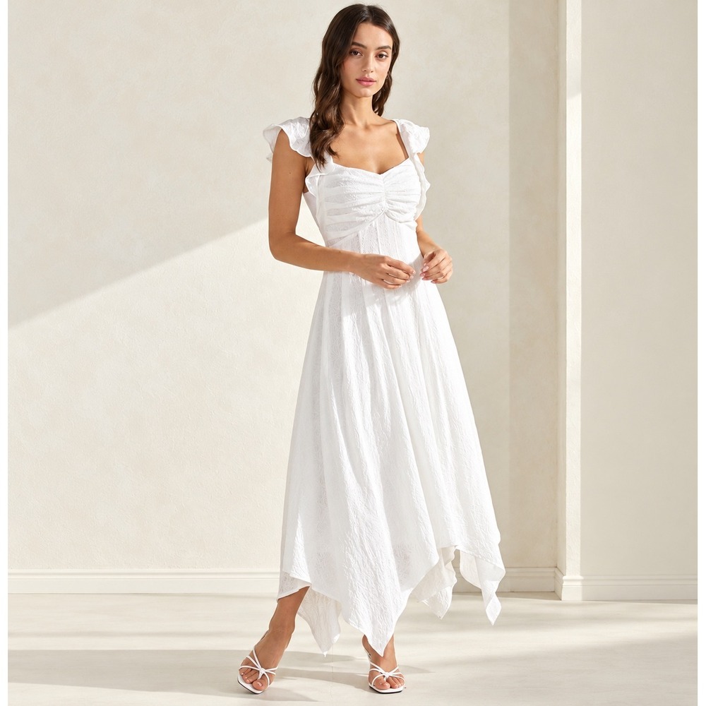 Ramy Brook Dress Women 6 White Excellent Flutter Sleeve Handkerchief Hem Midi
